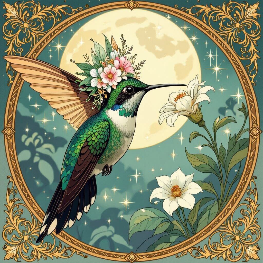 Hummingbird in Moonlit Garden: Art Nouveau Style