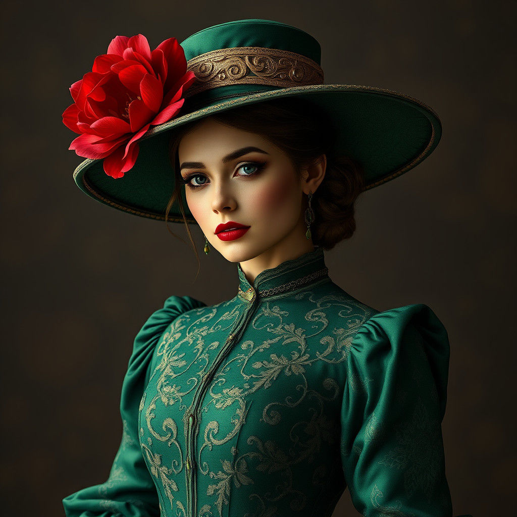 Victorian Emerald Gown with Crimson Flower, Mystical Style