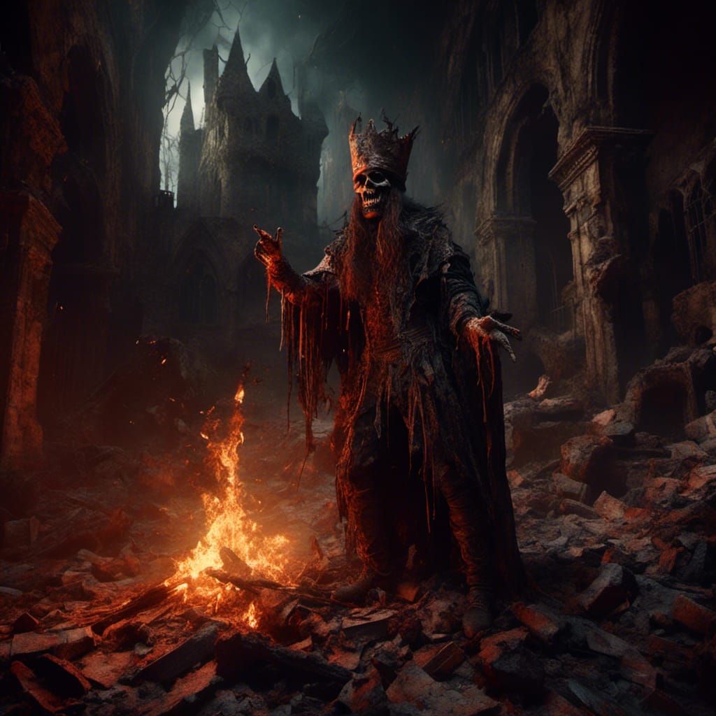 Burning Jester in Ruined Castle: Dark Fantasy Art