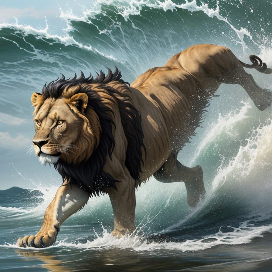 Majestic Lion Emerges from Water: Impasto Painting