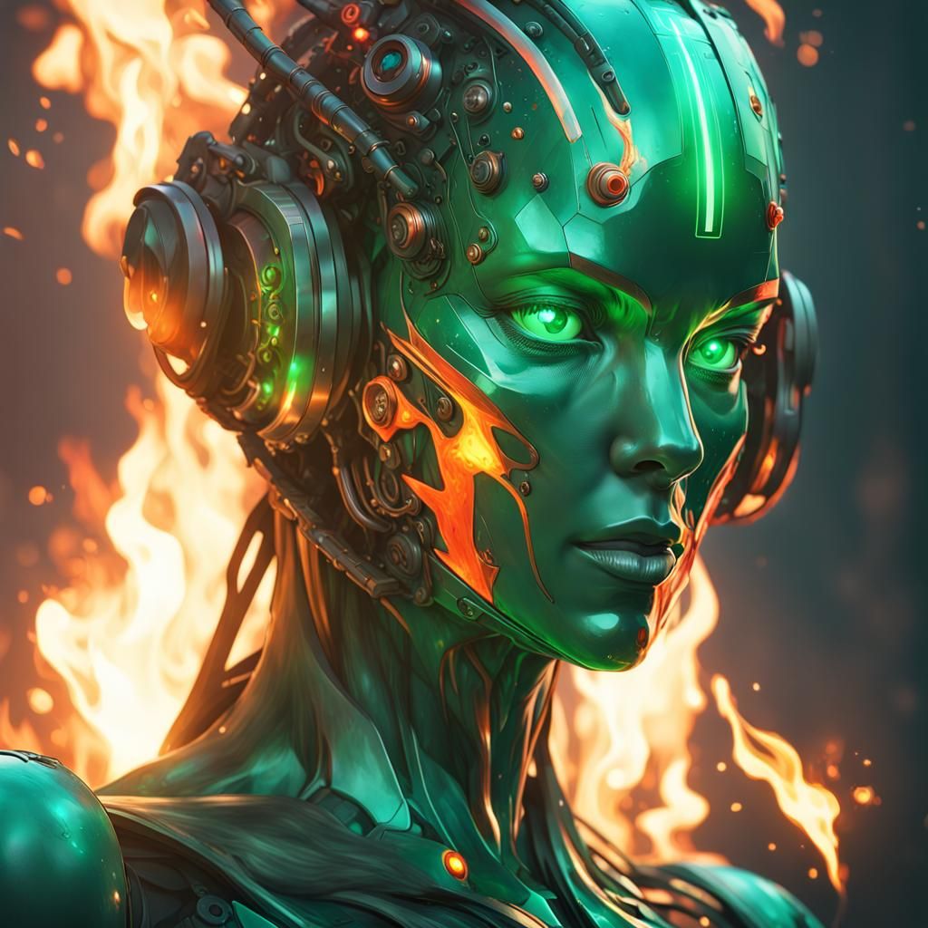 Flaming Robot Underwater: Hyperdetailed Artgerm-Style Portra...