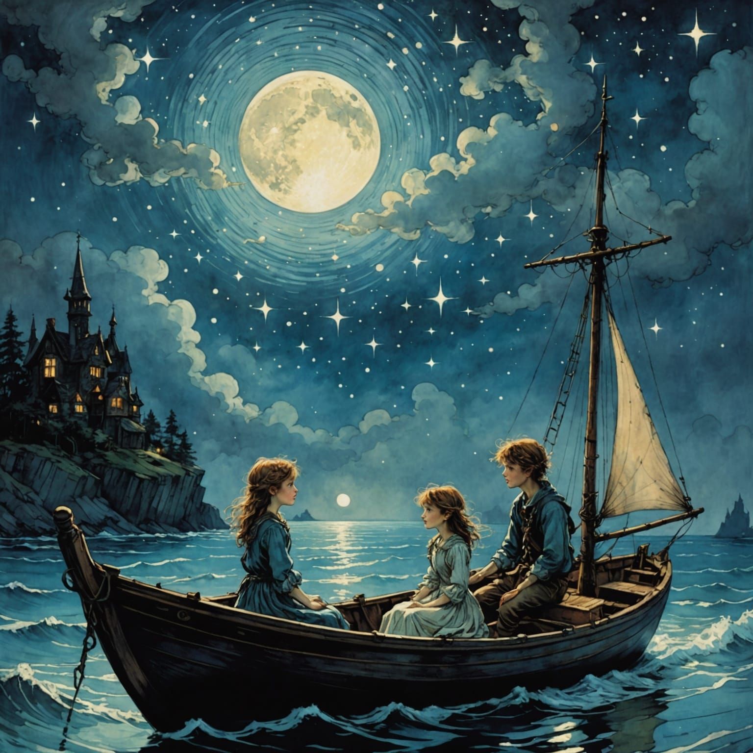 Dreamlike Moonlit Scene in Whimsical Anime Style