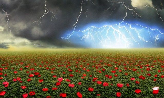 Eagle Soaring Over Rose Field Amidst Storms