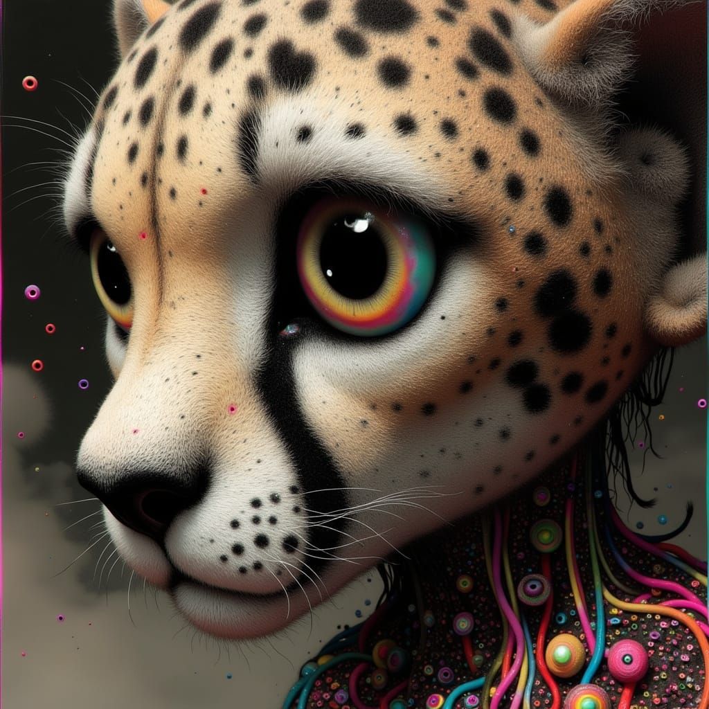 Biomechanical Cheetah Cub in Vibrant, Knitted Fur