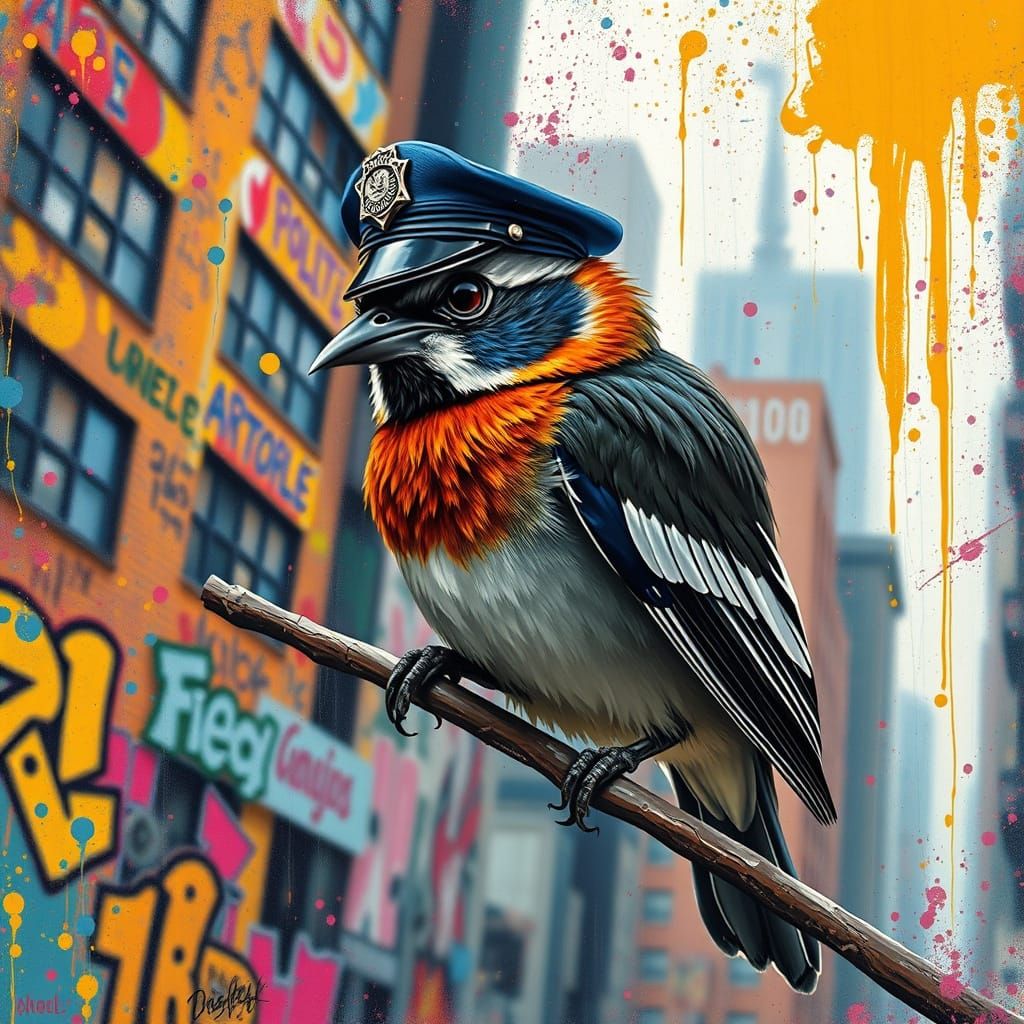 Bird Police Officer in Vibrant Splatter Art Style