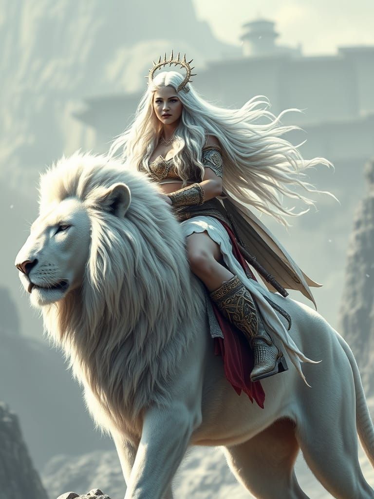 Surreal Queen Rides Majestic White Lion in Ancient Mythologi...