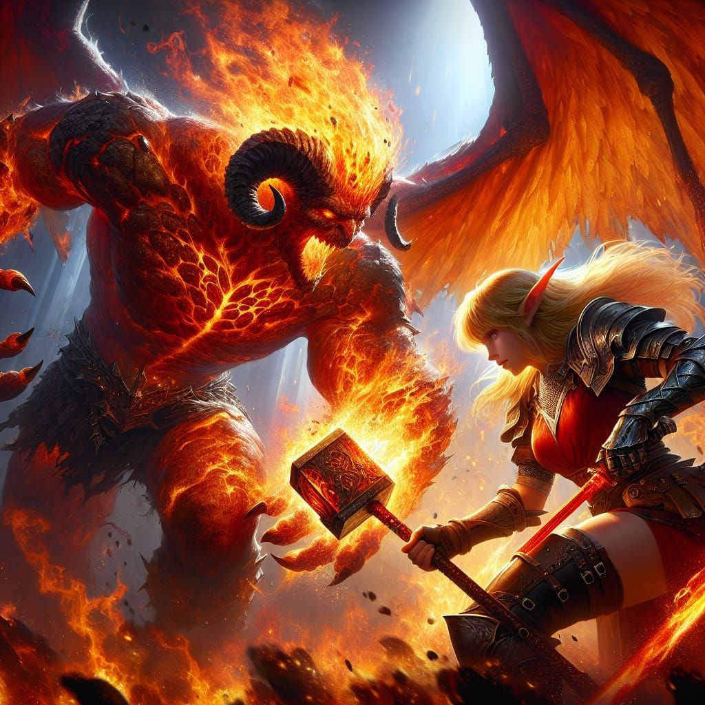 Epic Battle: Fire Creature vs. Blonde Elf Warrior