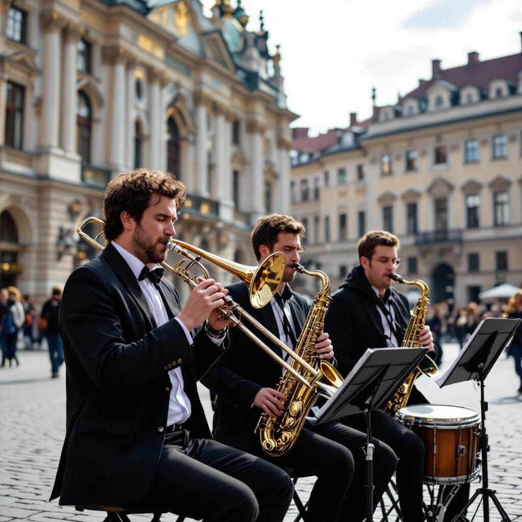 Street Musicians Perform in Front of Baroque Building