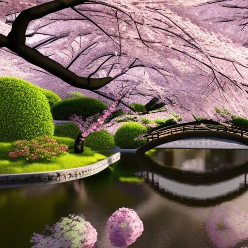 Cherry Blossoms in Japanese Garden: 8K 3D Render