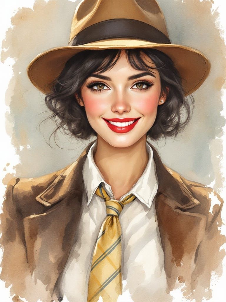 Pretty Woman in Fedora, Retro Impressionist Watercolor