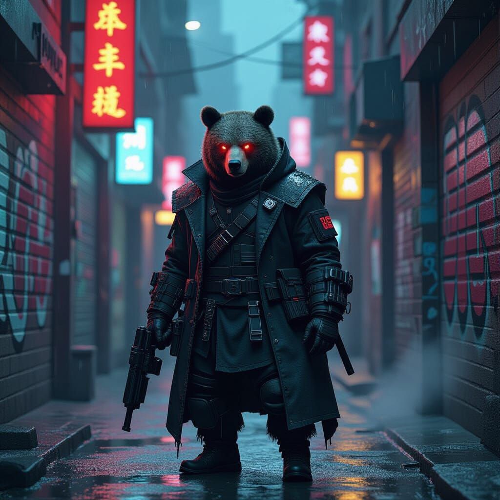 Cybernetic Bear Bounty Hunter in Neon Alleyway