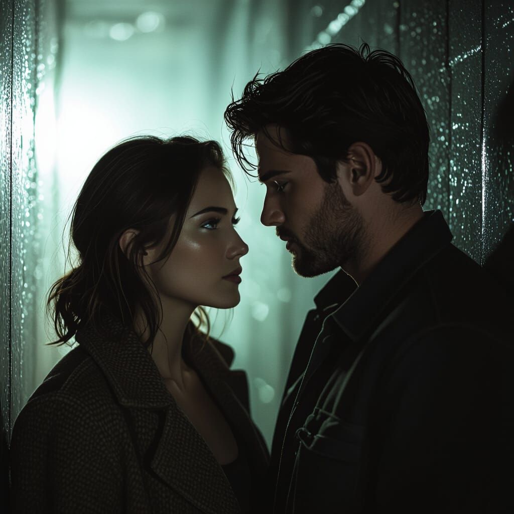 Expressive Couple in Dramatic Lighting, Hyperrealistic Close...