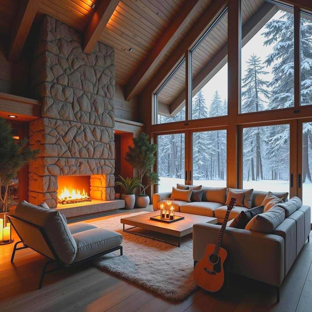 Luxury Log Cabin Living Room in Winter