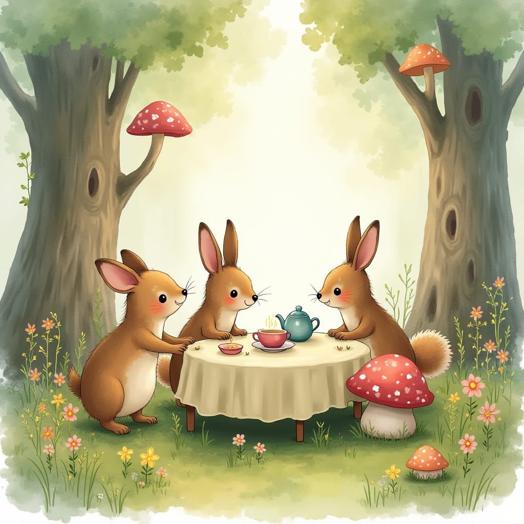 Whimsical Tea Party in Mushroom Forest, Watercolor Art