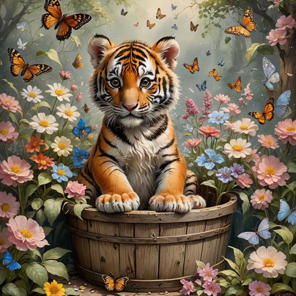 Cute Tiger Cub in Bucket, Beatrix Potter Style