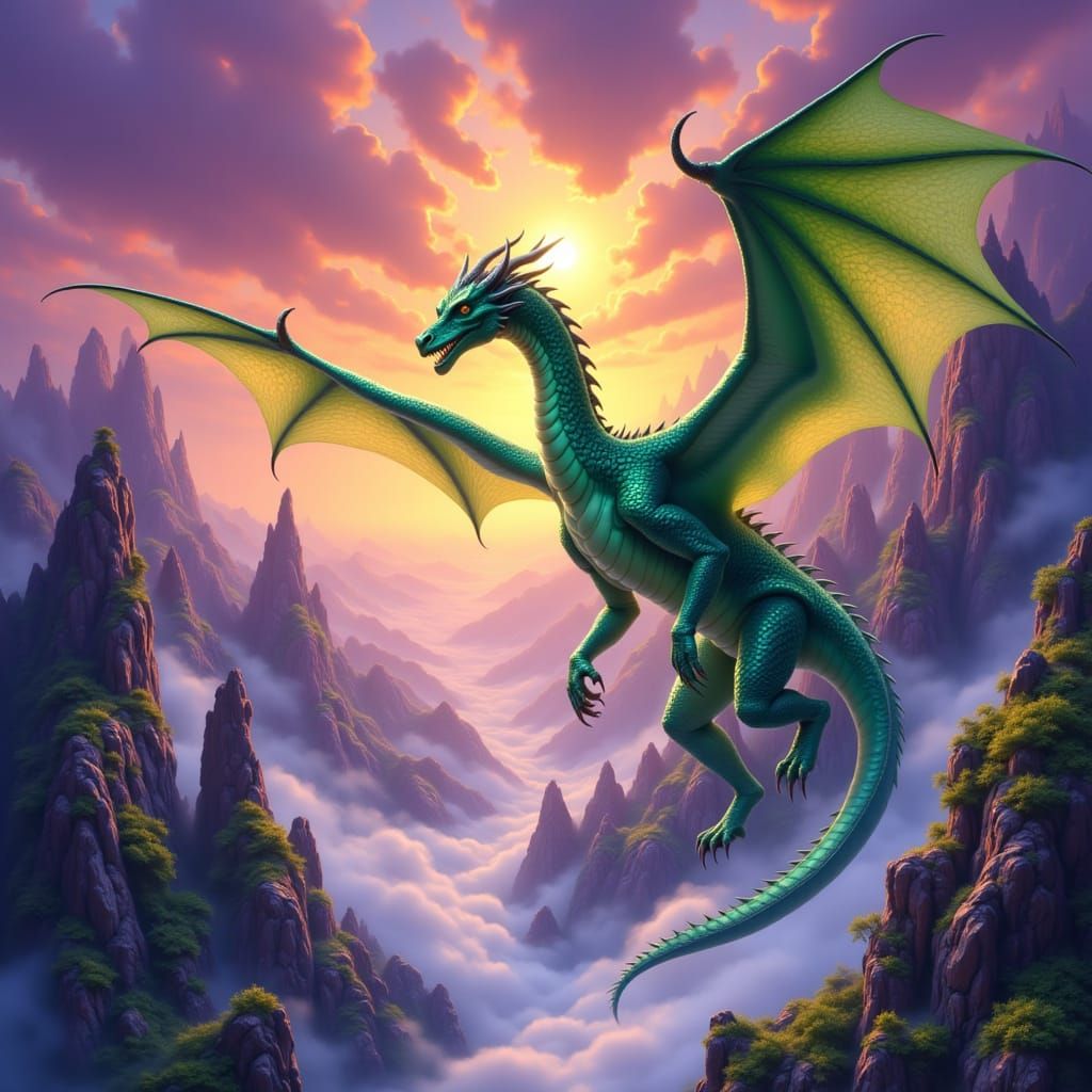 Majestic Dragon Soars Through Fantasy Mountain Landscape