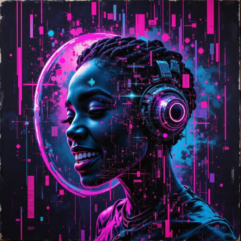 Surreal Cyberpunk Goddess in Neon Synthwave 2099 Landscape