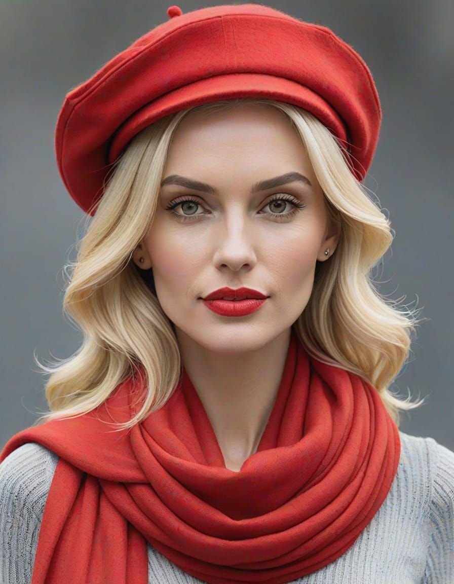 Woman in Red Hat and Scarf Portrait