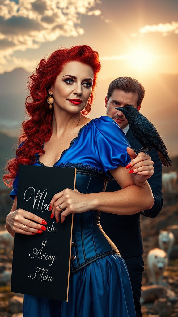 Elegant Woman with Raven in Opulent Mountain Scene