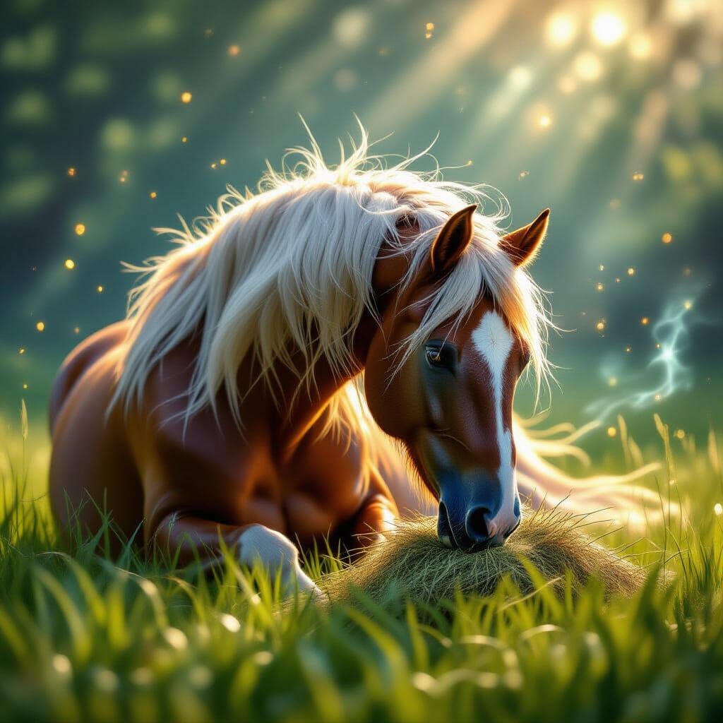 Golden Sapphire Feathered Horse in Mystical Field