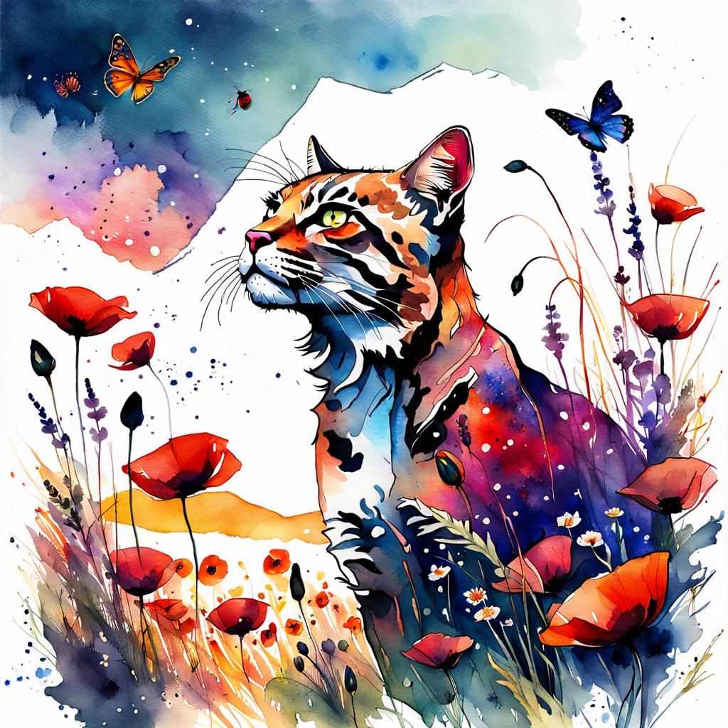 Wildcat in Summer Meadow: Digital Watercolor Art
