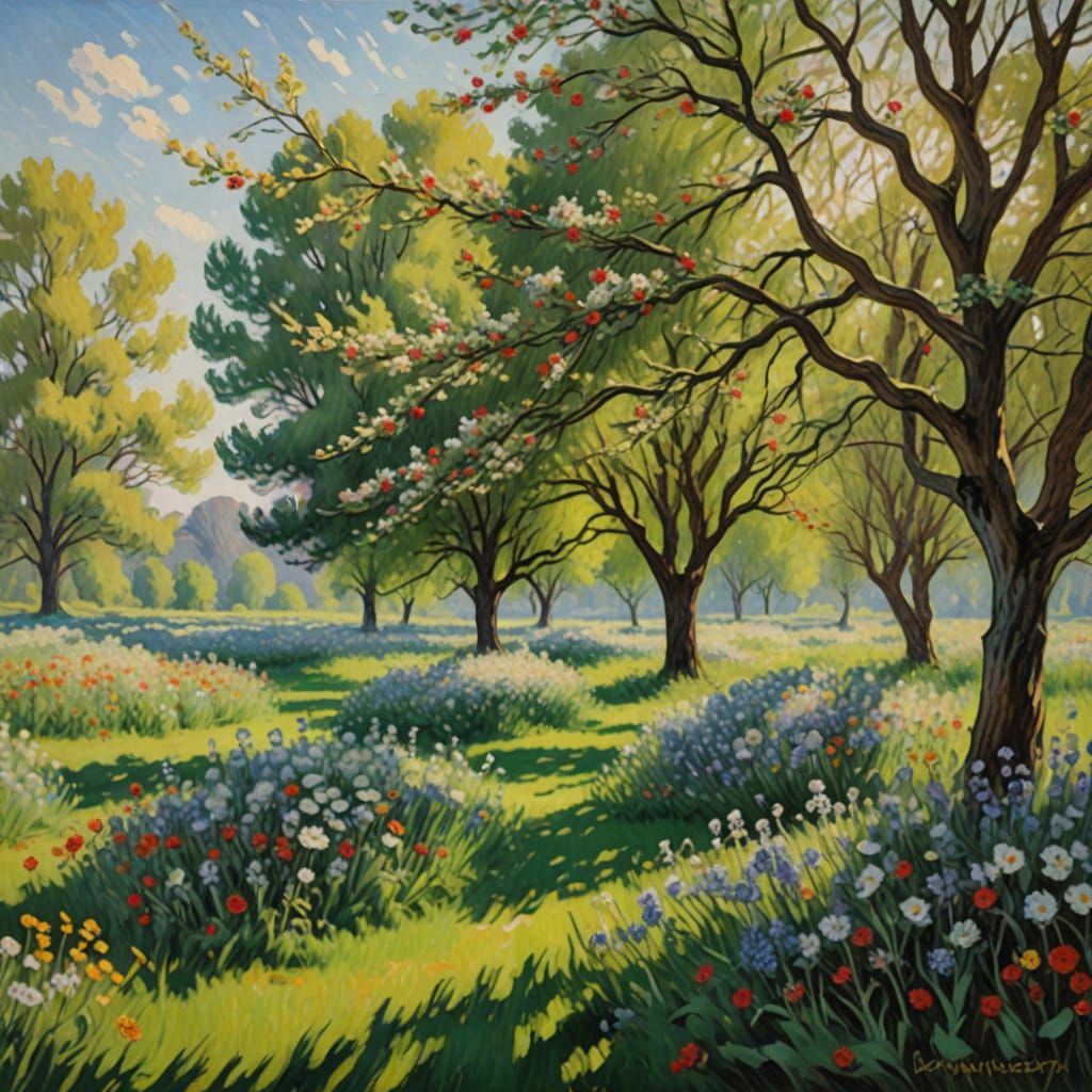 Vibrant Impressionist Landscape of Apple Trees in Bloom