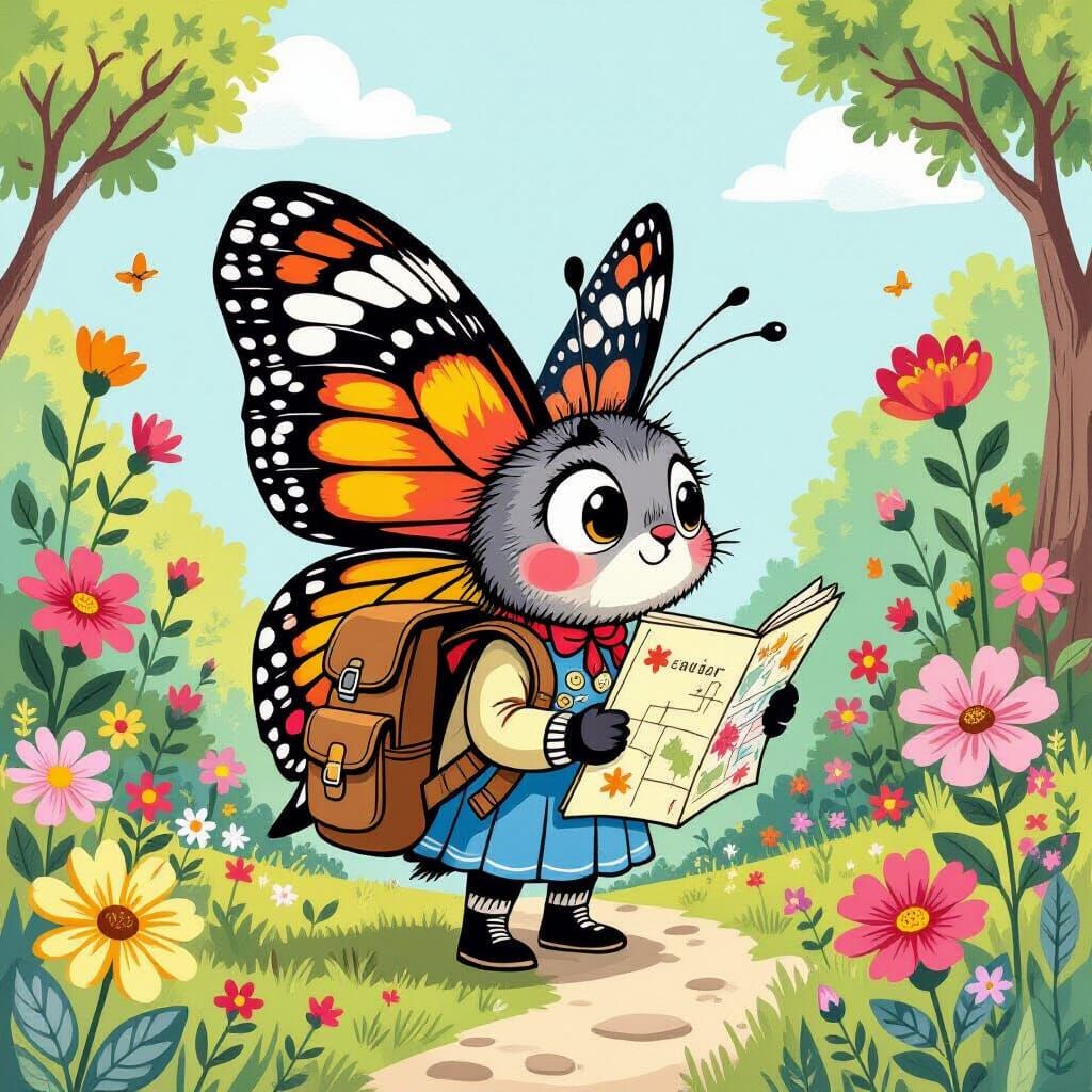 Bewildered Butterfly in Whimsical Garden Illustration