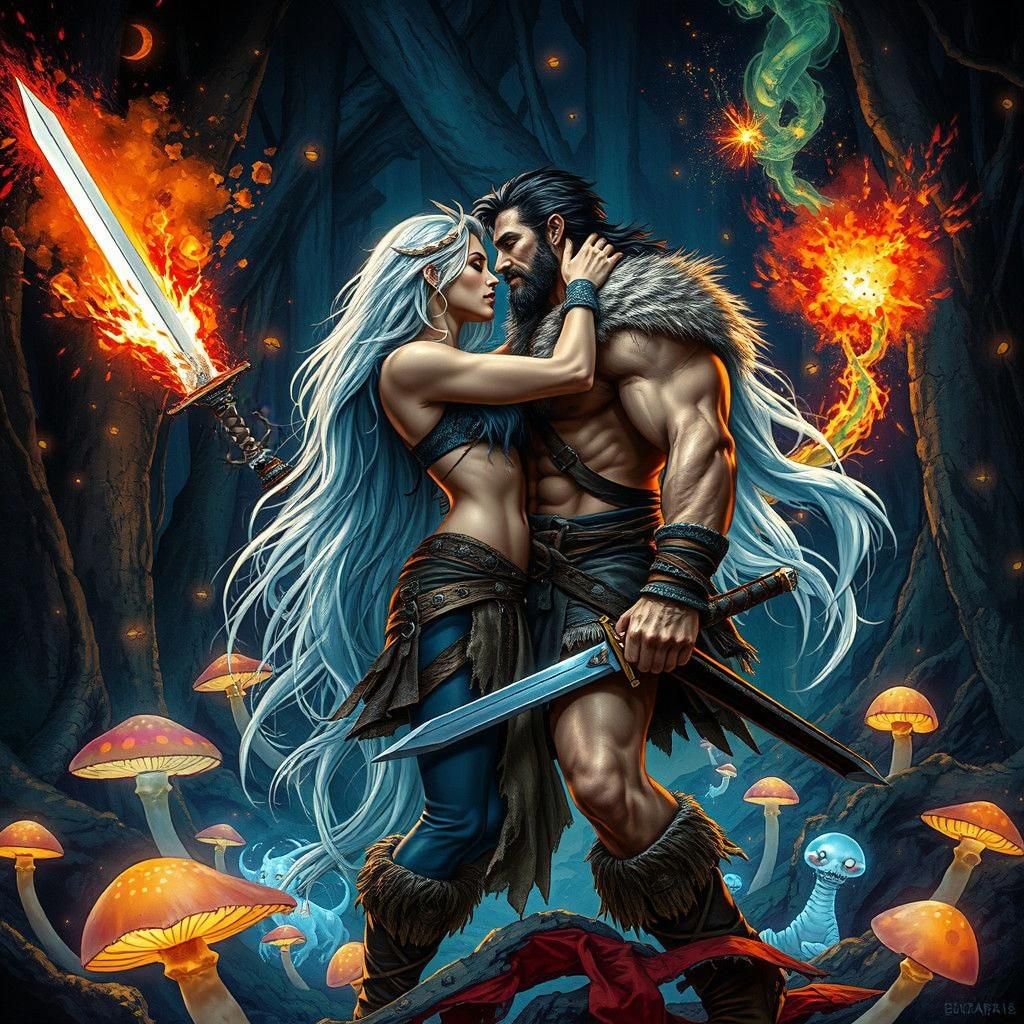 Barbarian and Enchantress Kiss in Fiery Forest
