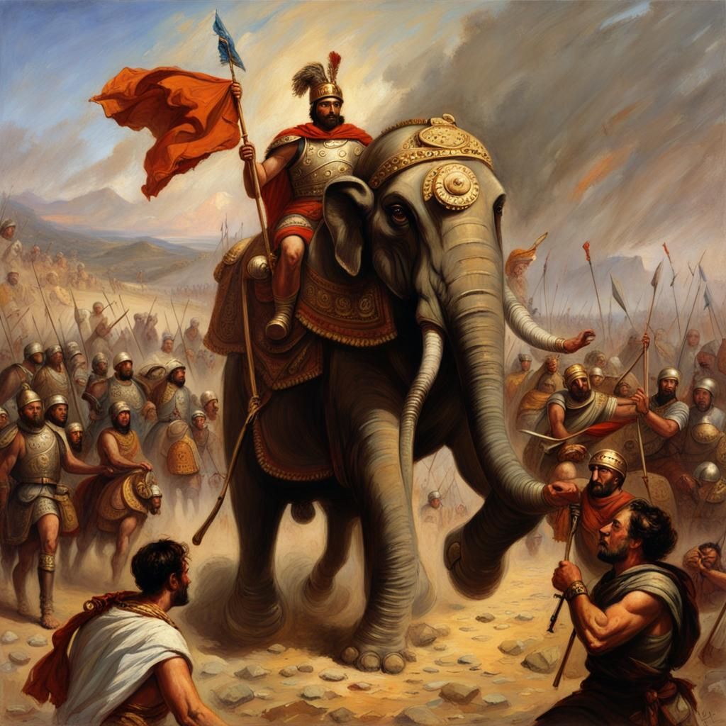 Hannibal Barca Riding Elephant: Oil Painting