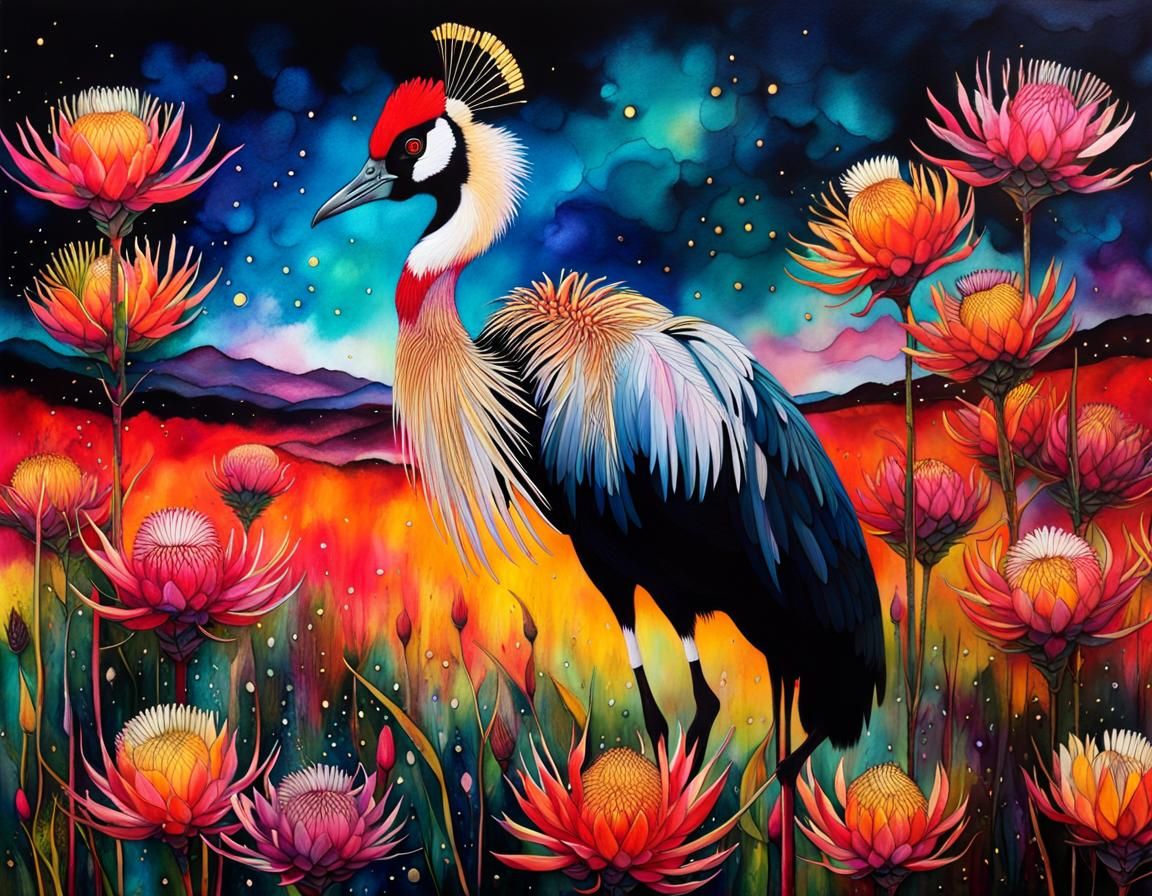 Crowned Crane in Protea Field: Alcohol Ink Art