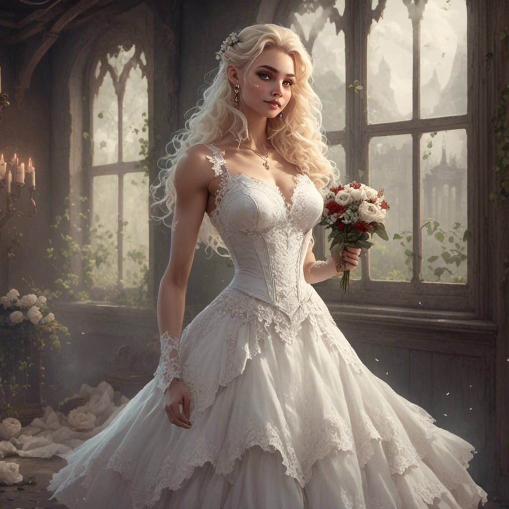 Blonde Vampire Bride in Dark Fantasy Cartoon Style