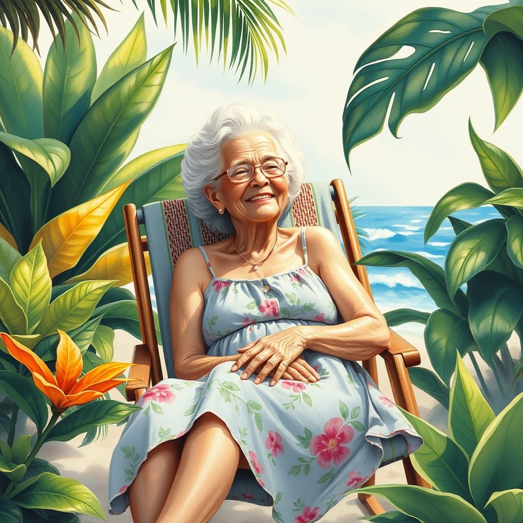 Grandmother Relaxing on Tropical Beach: Charcoal and Gouache