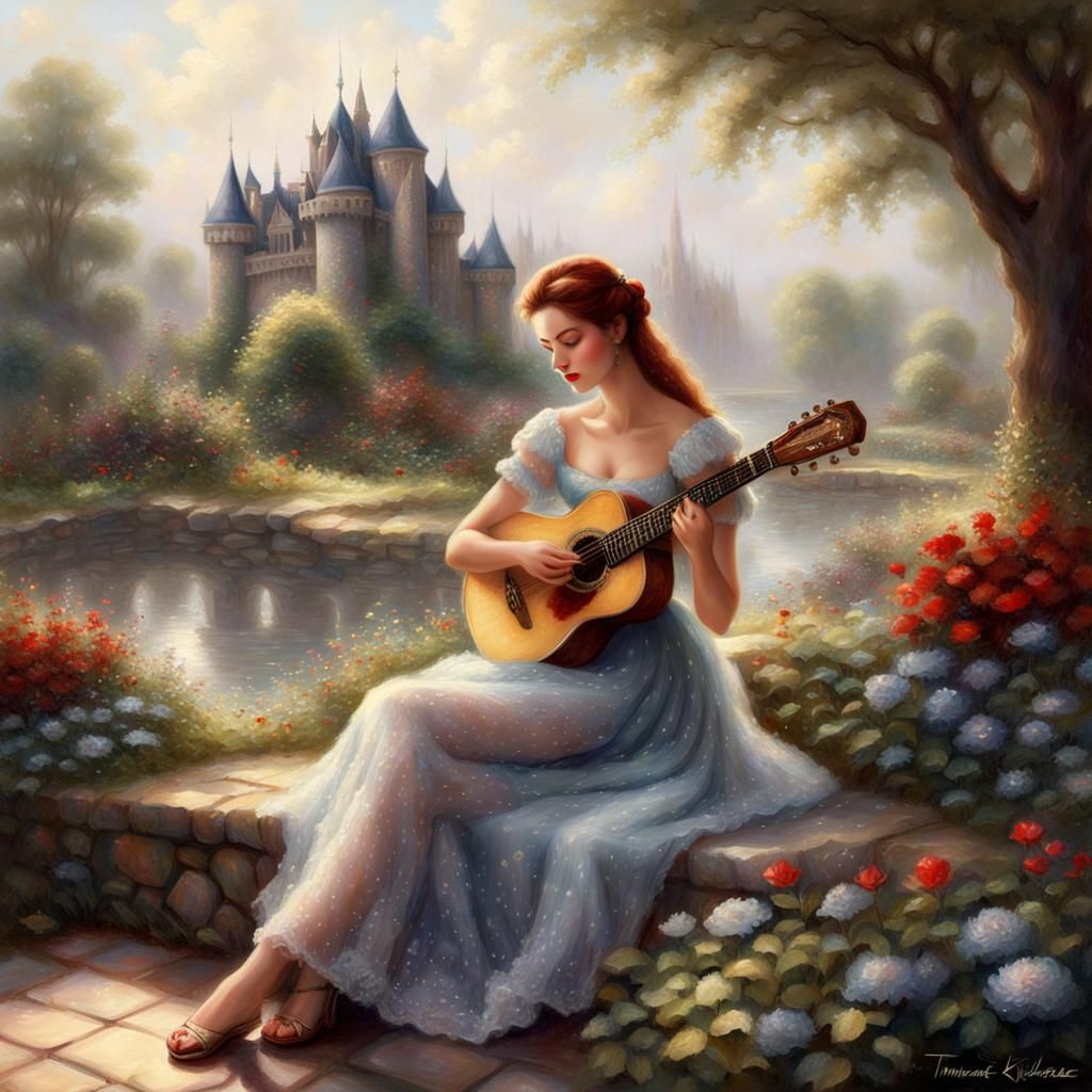 Auburn-Haired Girl Playing Guitar in Castle Garden