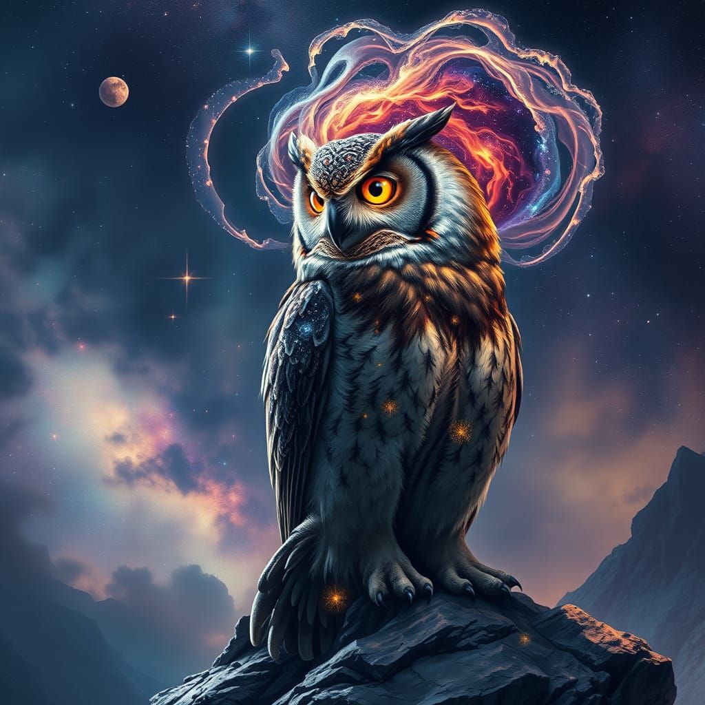 Cosmic Owl Overlooking Nebula in Hyperrealistic Style