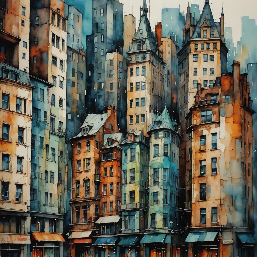 Detailed Cubist Cityscape in Alcohol Ink Style