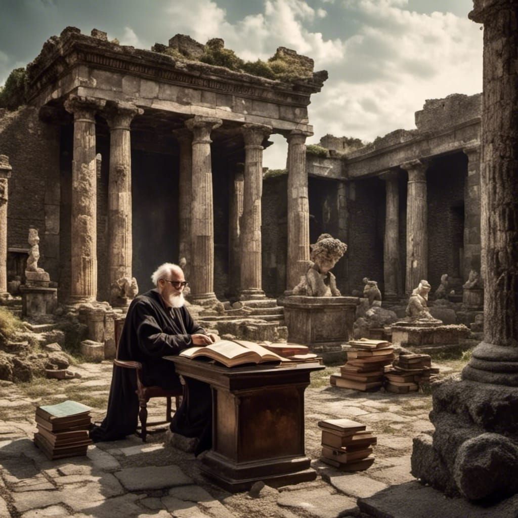 Ancient Roman Library with Librarian in Dark Fantasy Style