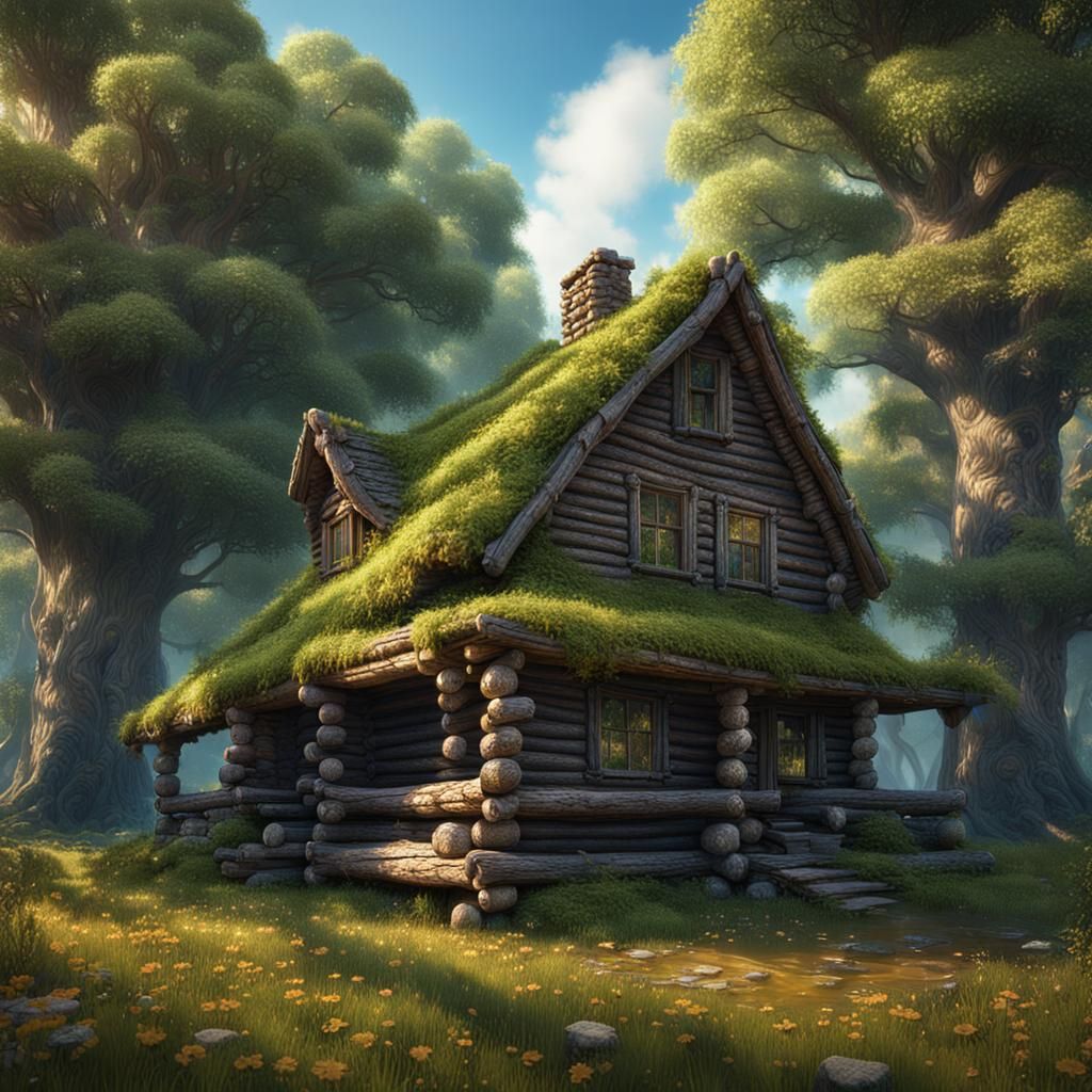 Overgrown Log Cabin in Meadow: Detailed Matte Painting