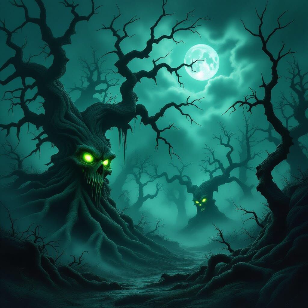 Eerie Forest Scene with Malevolent Eyes in Dark Fantasy Styl...
