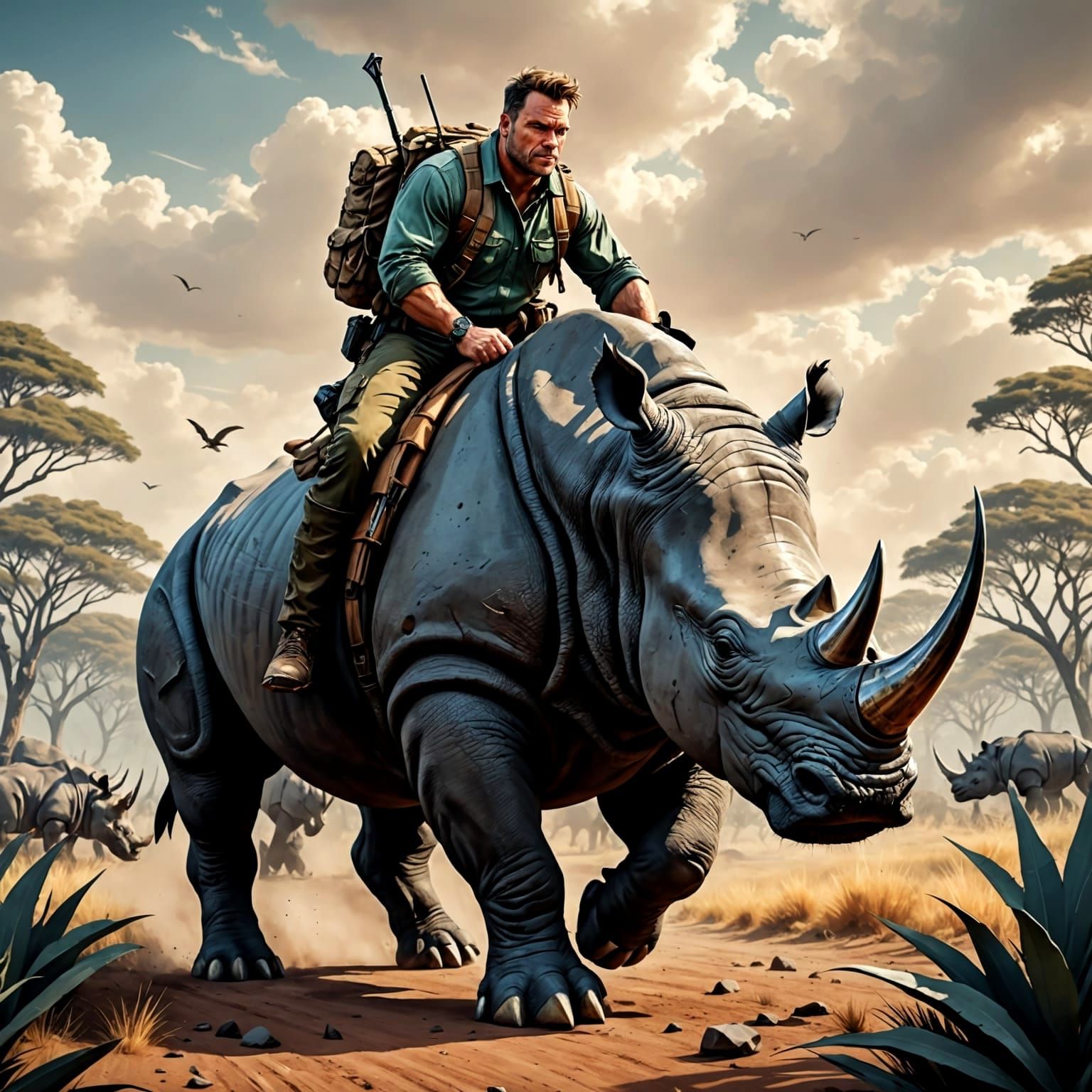 Hunter Rides Hyper Rhino in Photorealistic Style