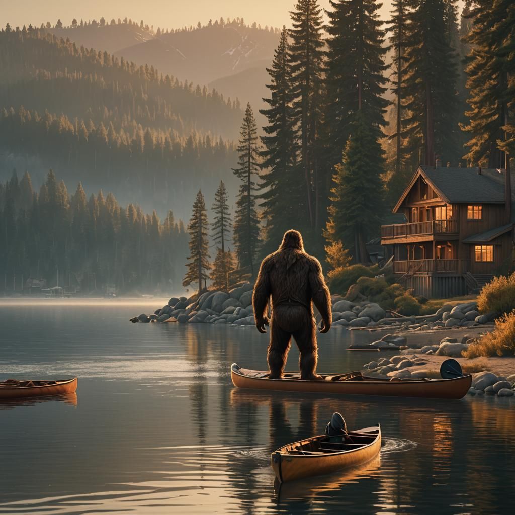 Bigfoot Rows Canoe on Lake Tahoe at Sunset