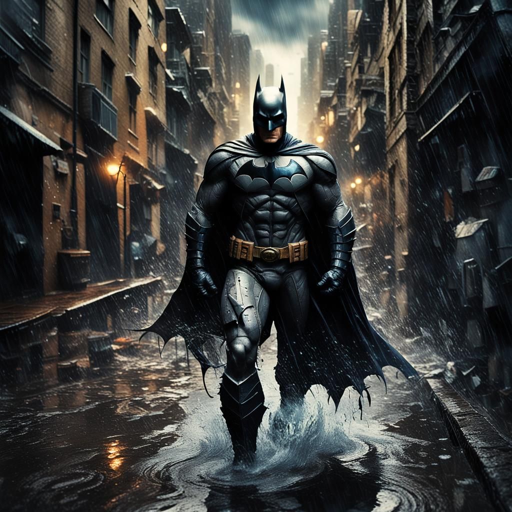 Batman in Rain-Soaked City Alleyway: Matte Painting