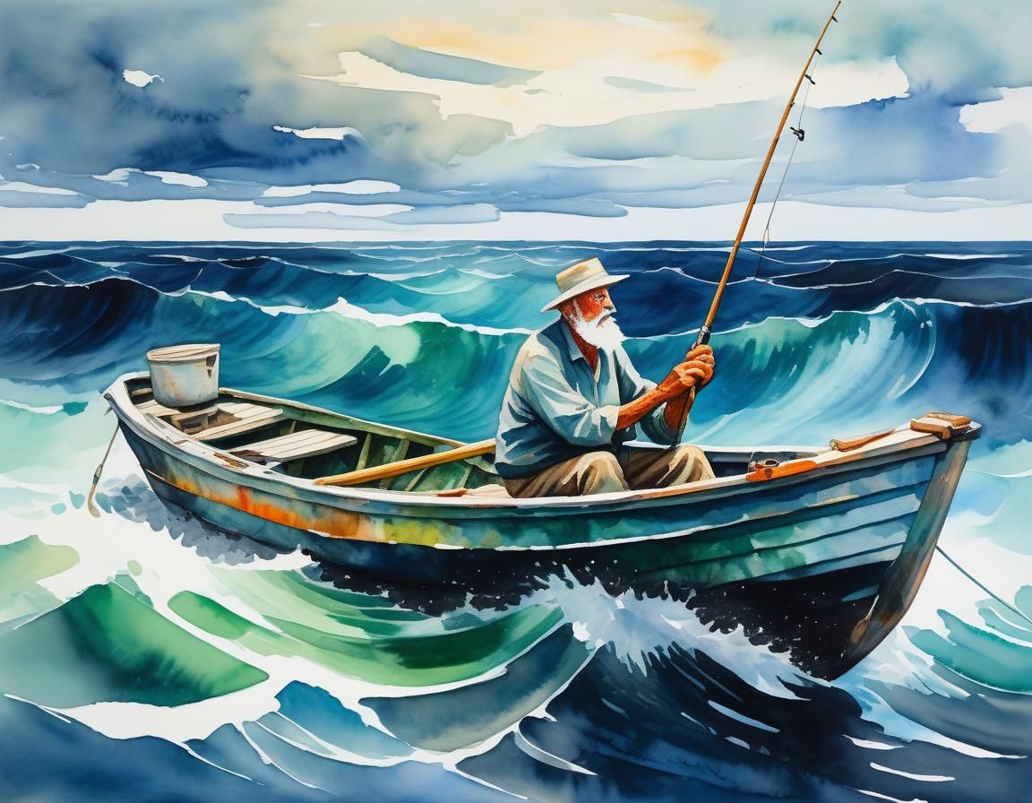 Old Man Fishing: Impressionist Gouache Watercolor Painting