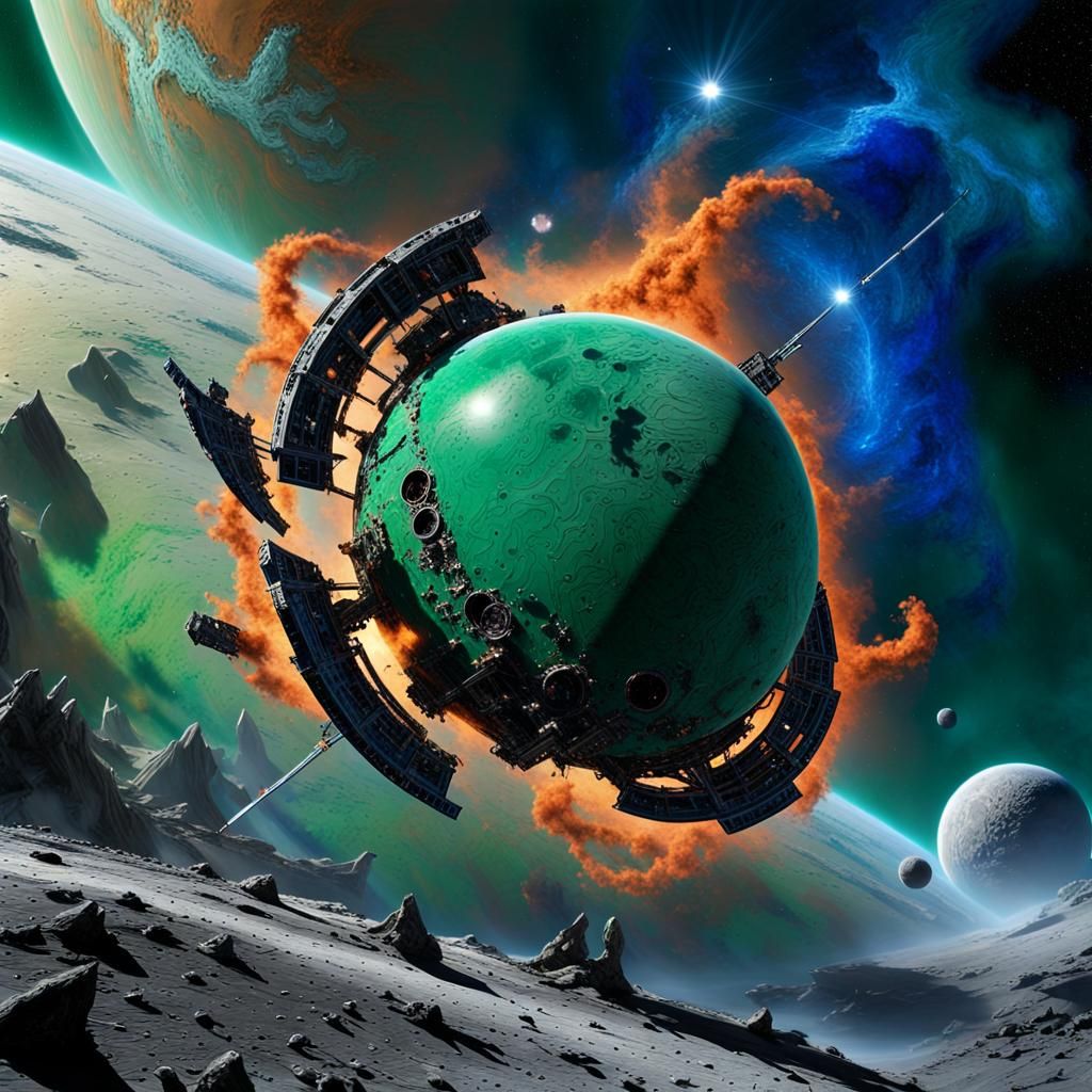 Cosmic Clash Aftermath: Spacecraft Wreckage Above Alien Plan...