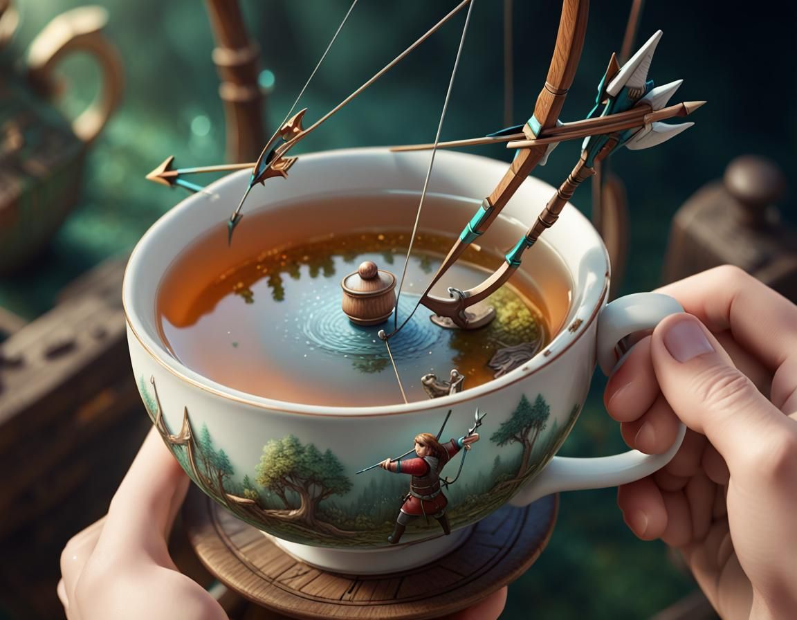 Archer in Teacup: Surreal Isometric 3D Fantasy