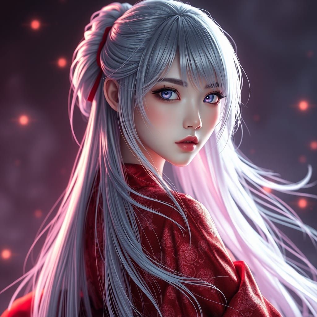 Kimono-Clad Woman with Purple Eyes in Anime Style