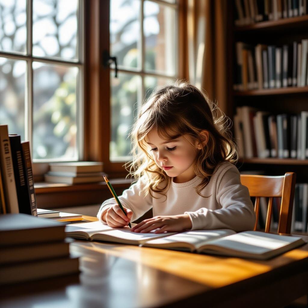 Little Girl Drawing Intensely in Library, Film Aesthetic