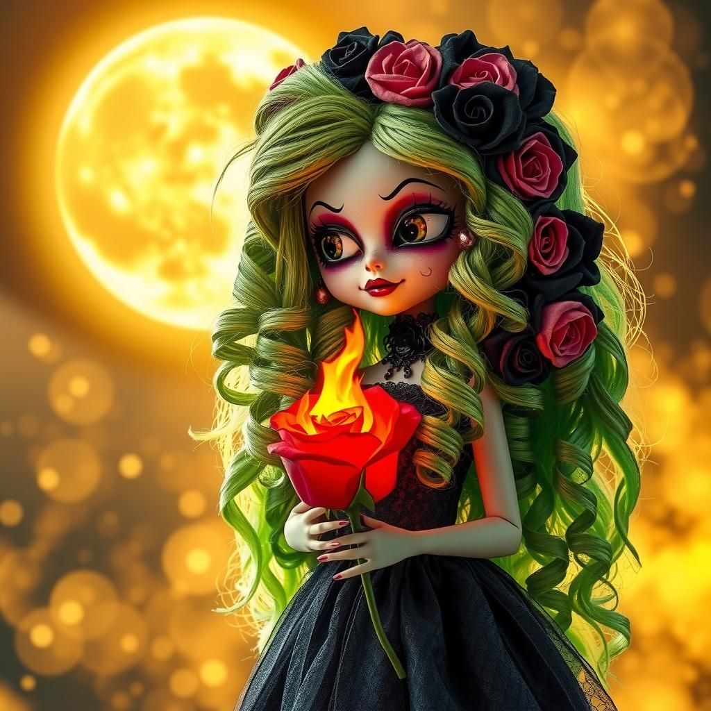 Spooky Doll with Burning Rose in Fantasy Art Style
