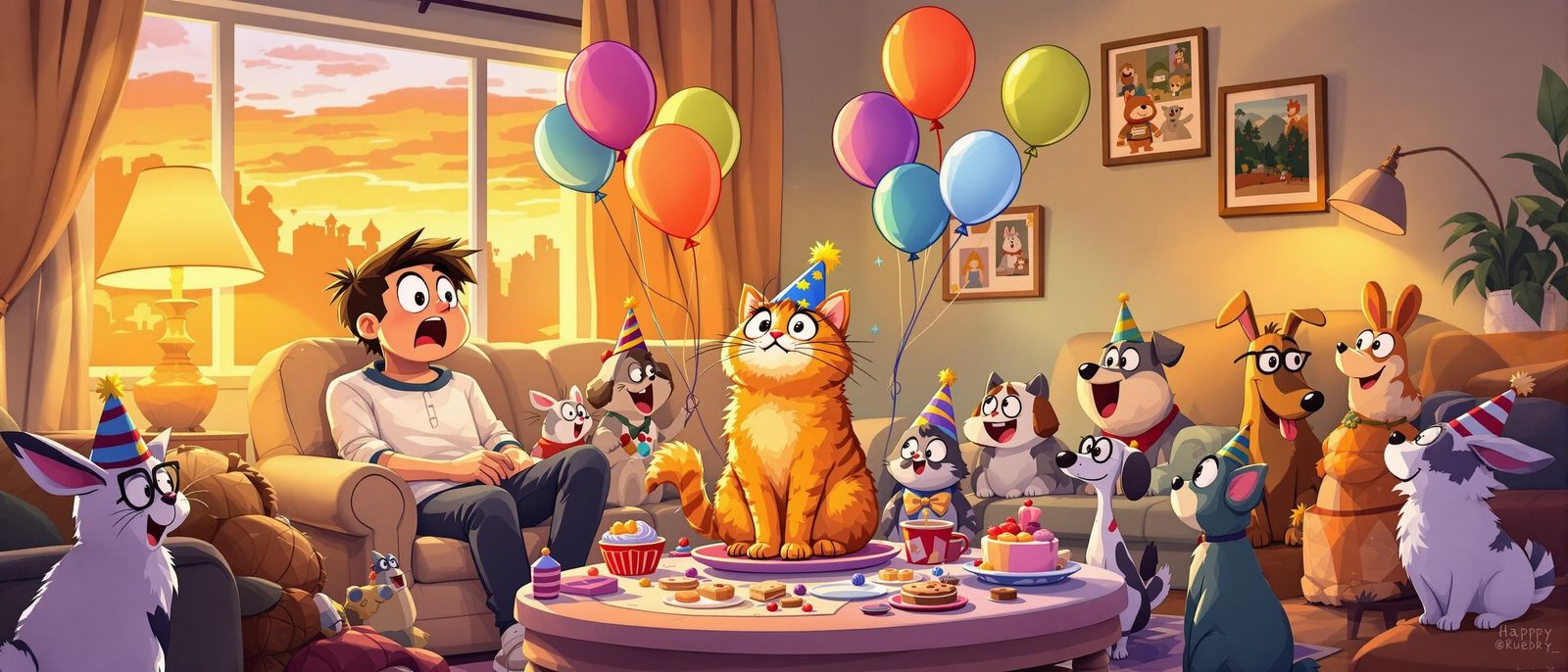 Cat Party Celebration in Cozy Cartoon Living Room