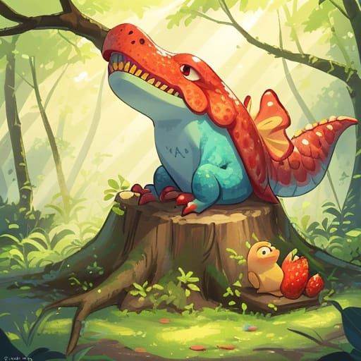 Whimsical Dinosaur Strawberry in Lush Forest