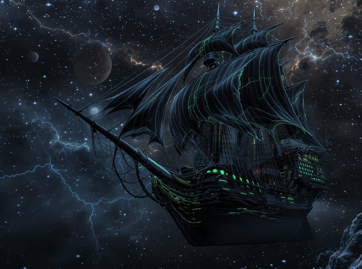Black Pearl Starship in Cosmic Nebula